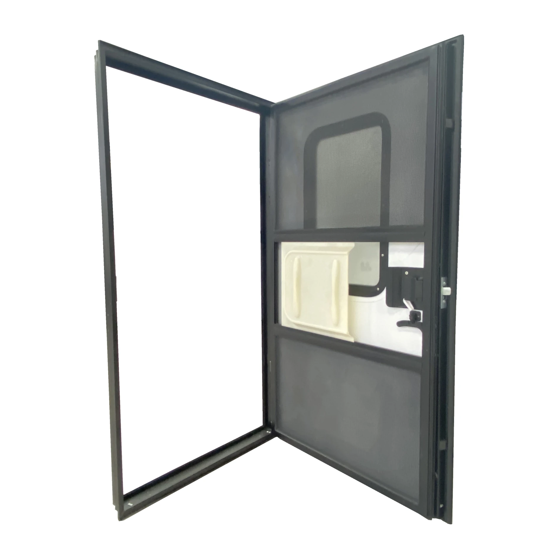 2025 جانب الركاب والسائق إطار من سبائك الألومنيوم باب مقطورة قافلة RV مع زجاج معتمد للسلامة وقفل ذو نقطة واحدة