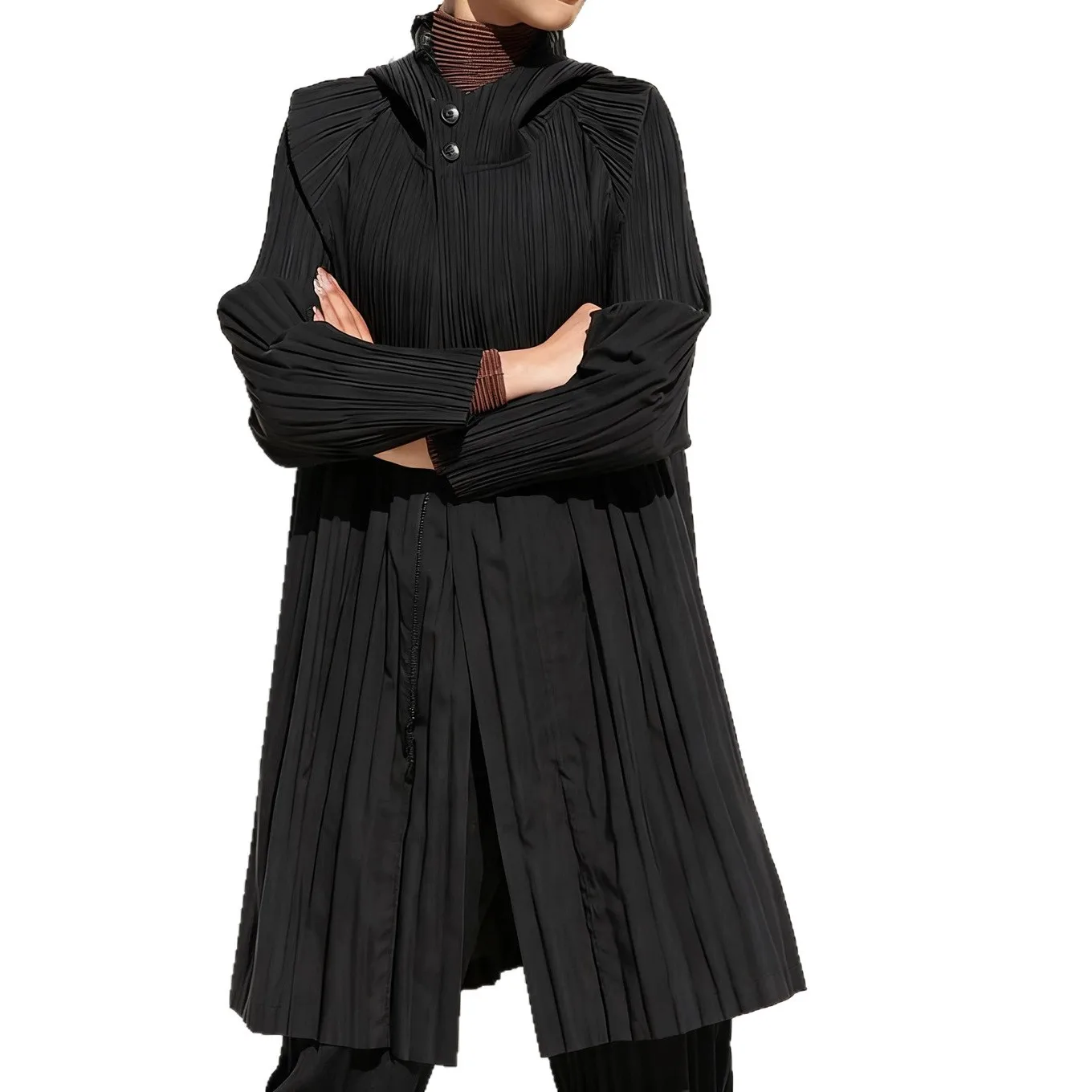 Miyake Fold Otoño Invierno 2025 nuevo rompevientos medio largo suelto moda grande mujer versátil cómodo rompevientos plisado