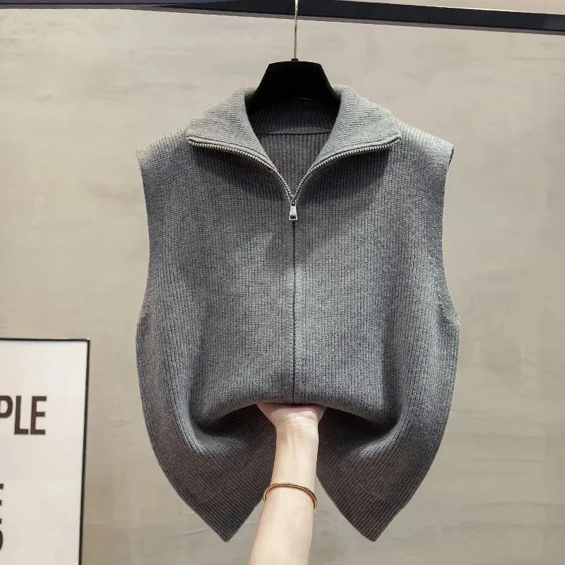 مزدوجة سستة المرأة محبوك سترة سترة ربيع الخريف الوقوف طوق سترة دون أكمام سترة الصلبة صدرية لباس خارجي سترة علوية #2