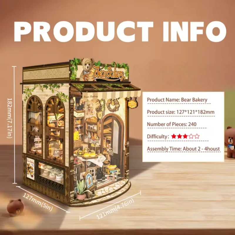 OUZEY Bear Cub's Bakery Book Nook DIY, casa en miniatura de madera 3D, kit de rompecabezas creativo, regalo para adolescentes