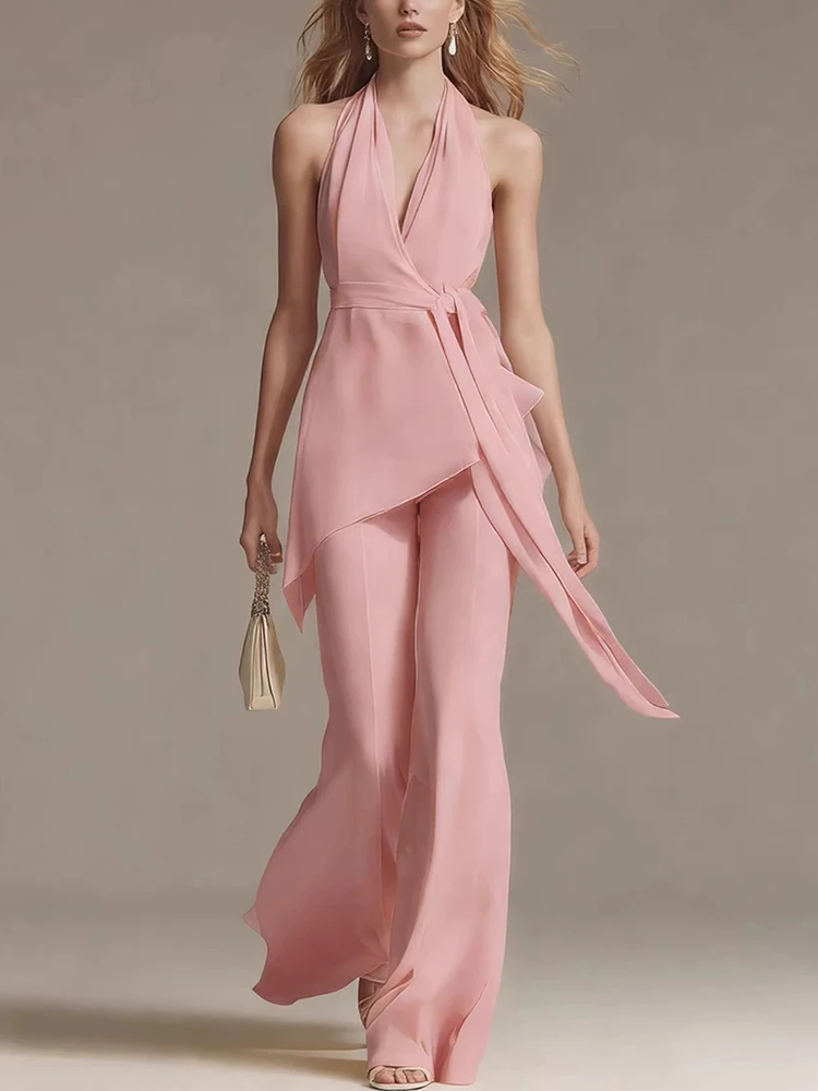 

Fashion Simples Draped 2Pc Suits Sexy Halter Backless Top & Wide Leg Pant Sets Women's Casual Sleeveless Lace-Up Solid Outfits