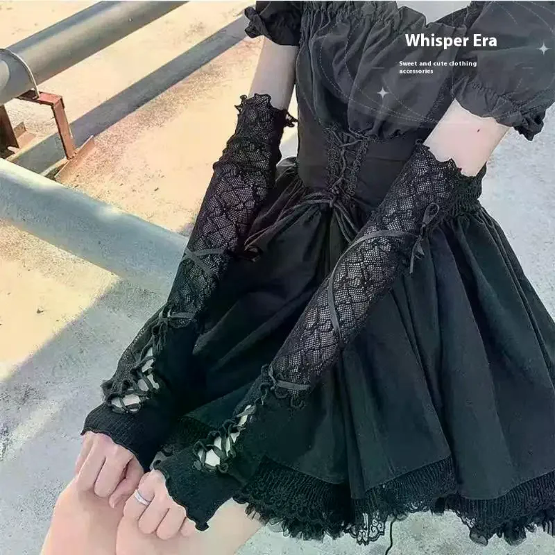 Urocze rękawiczki bez palców w stylu JK Lolita Gothic z siateczki, koronki i kwiatów, elastyczne, z paskami, damskie rękawki przeciwsłoneczne, akcesoria odzieżowe.