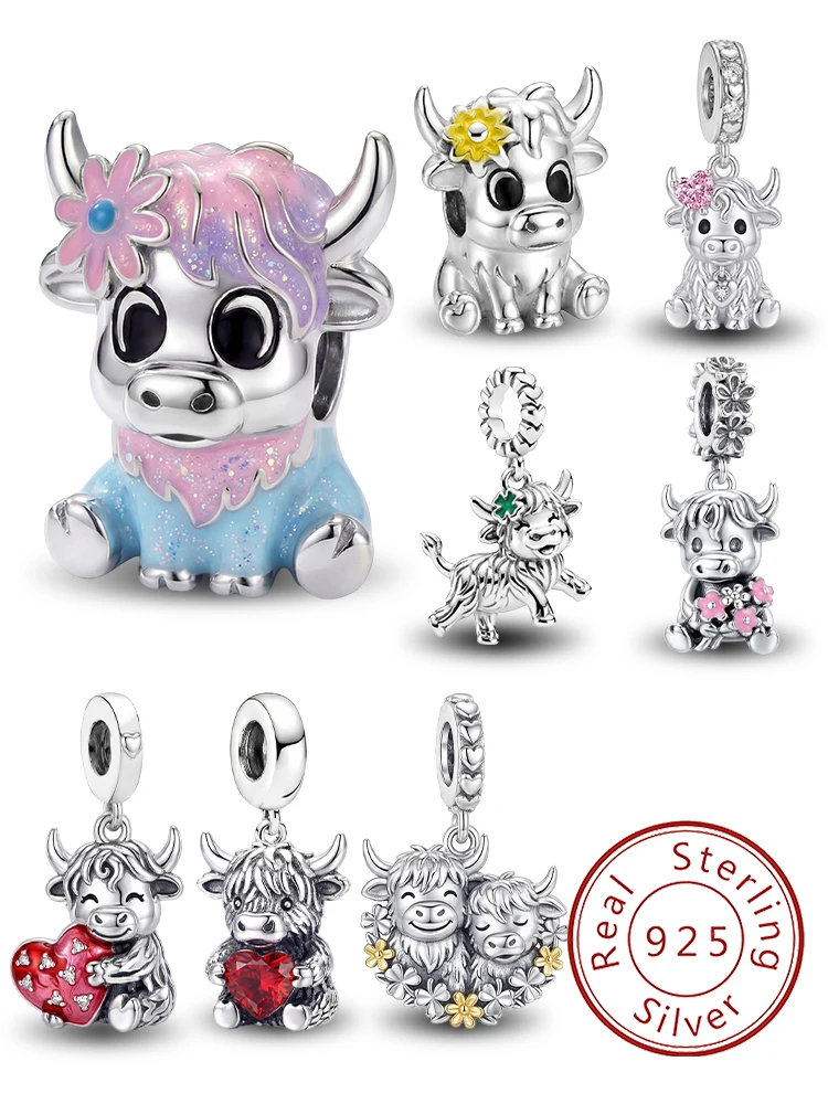 925 Sterling Silber Beliebte Liebesherz-Charms mit Highland-Kuh-Motiv, DIY-Perlen für Armbänder, Hochwertiger Schmuck, Geschenk für Frauen