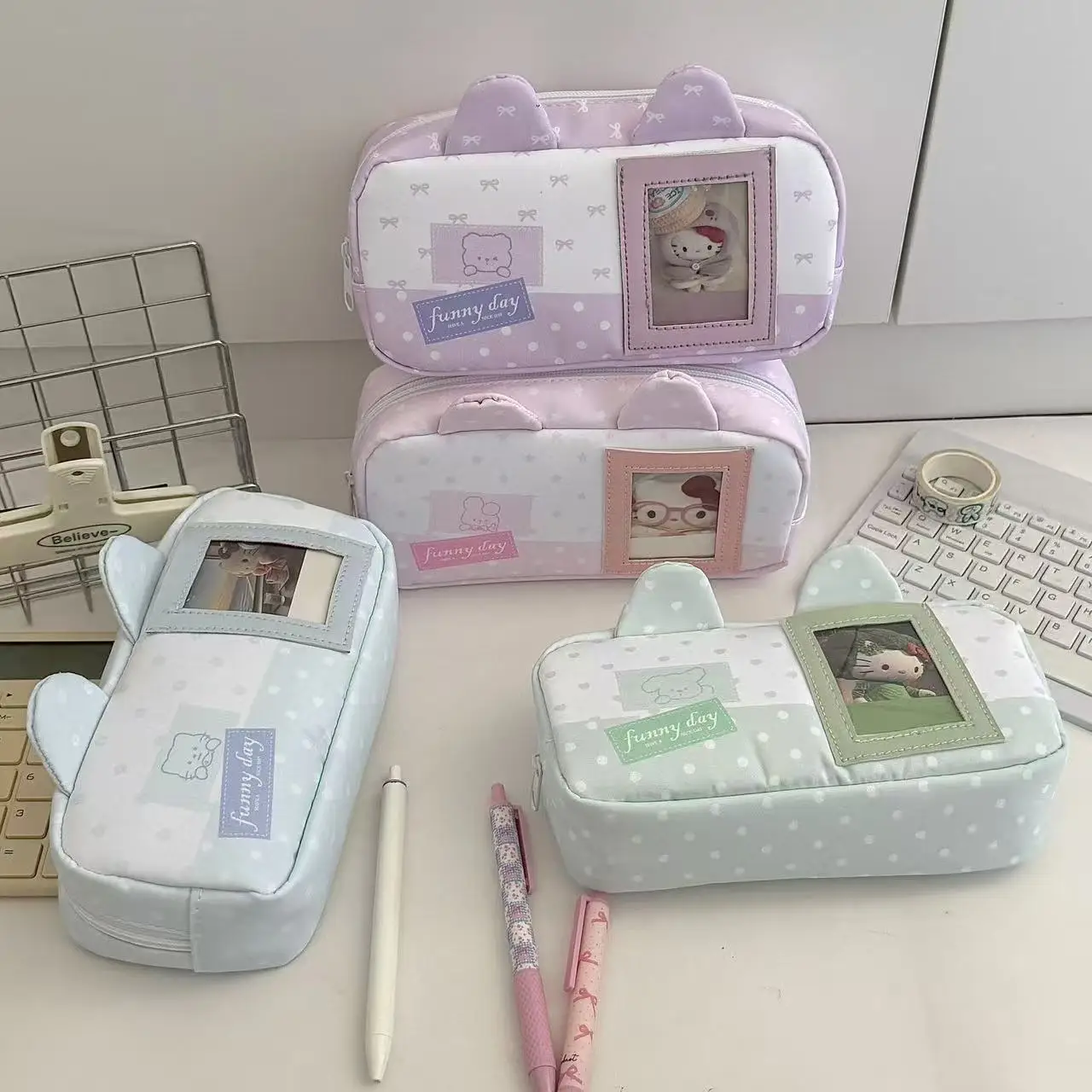 Trousse à crayons chat à pois mignonne, haute valeur esthétique, style Ins, design unique, boîte à papeterie pour étudiantes, nouveau modèle 2026