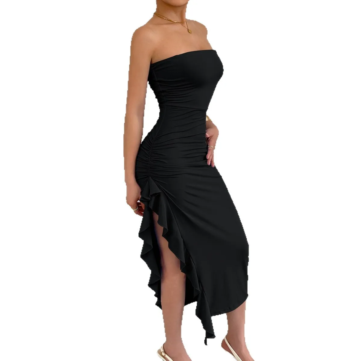 セクシーなラップチェストボディコンワンピース、スリット入り、ミッドウエスト、ミディ丈、無地、ノーブランド、秋の新作、人気商品