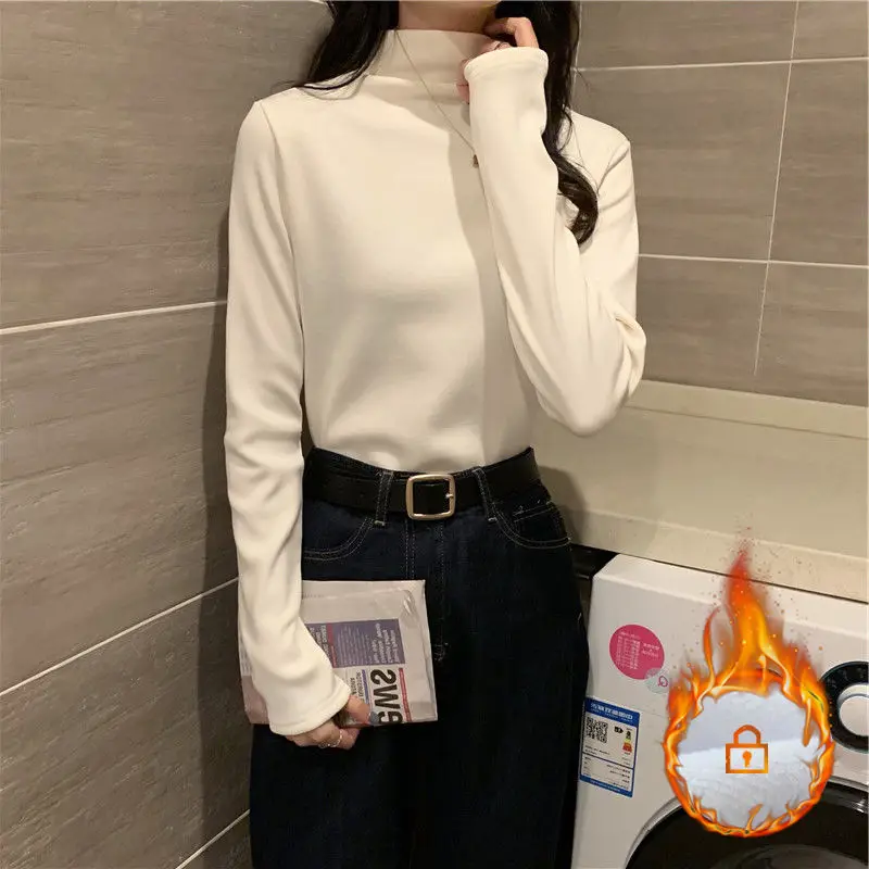Warm Fleece Lined Long Sleeve Half High Collar Velvet Underwear Top Women's New Style Spring Autumn Fashionable Inner Wear T ...