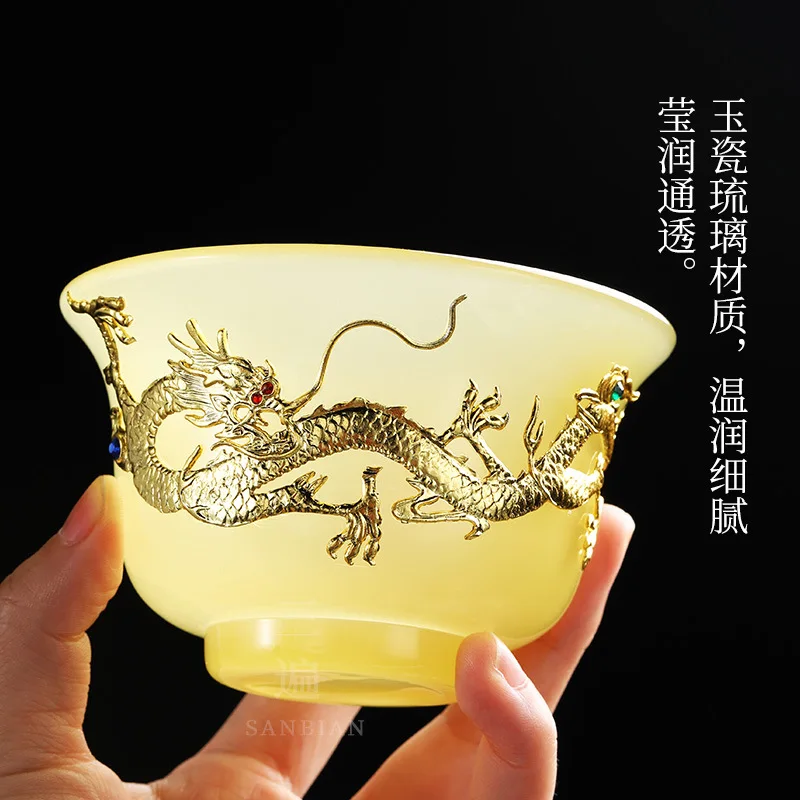 ★★Three Times Emperor Yellow Glaze Jade Tea Set Office Home Jade Porcelain Cover Teacup Gift Box