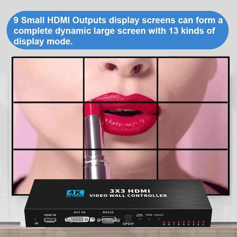 4K 3X3 Video Wall Controller DVI HDMI Wall Controller TV Splicing Processor 1X3 2x3 2x4 4x2 9 Screen TV Splicer Box with RS232