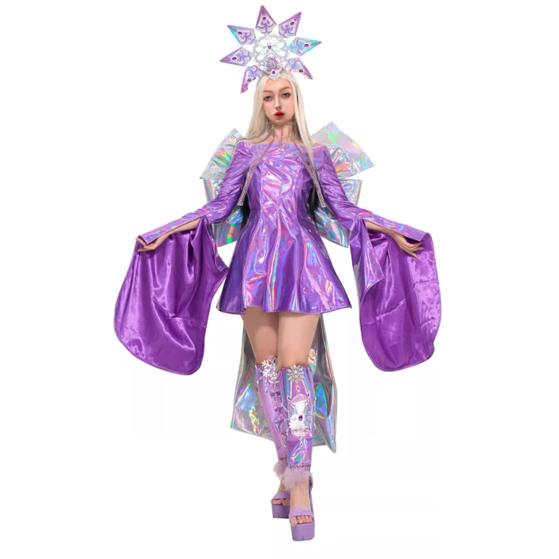 

Purple Laser Dress Women Festival Party Clothing Silver Bow Singer Stage Costume Fashion Kpop Outfit Jazz Dancewear VDB7802