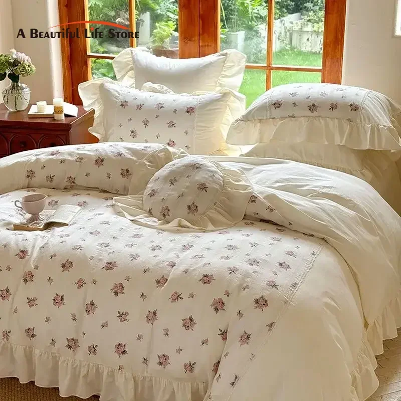 French Vintage Country Washed Cotton Romantic Floral Print Ruffled Bedding Set  Duvet Cover Flat/Fitted Bed Sheet Pillowcases