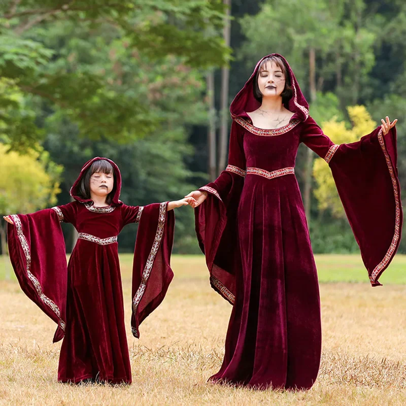 Vintage Medieval Court Dress Parent-child Outfits Red Robe Wizard Renaissance Halloween Cosplay Costume