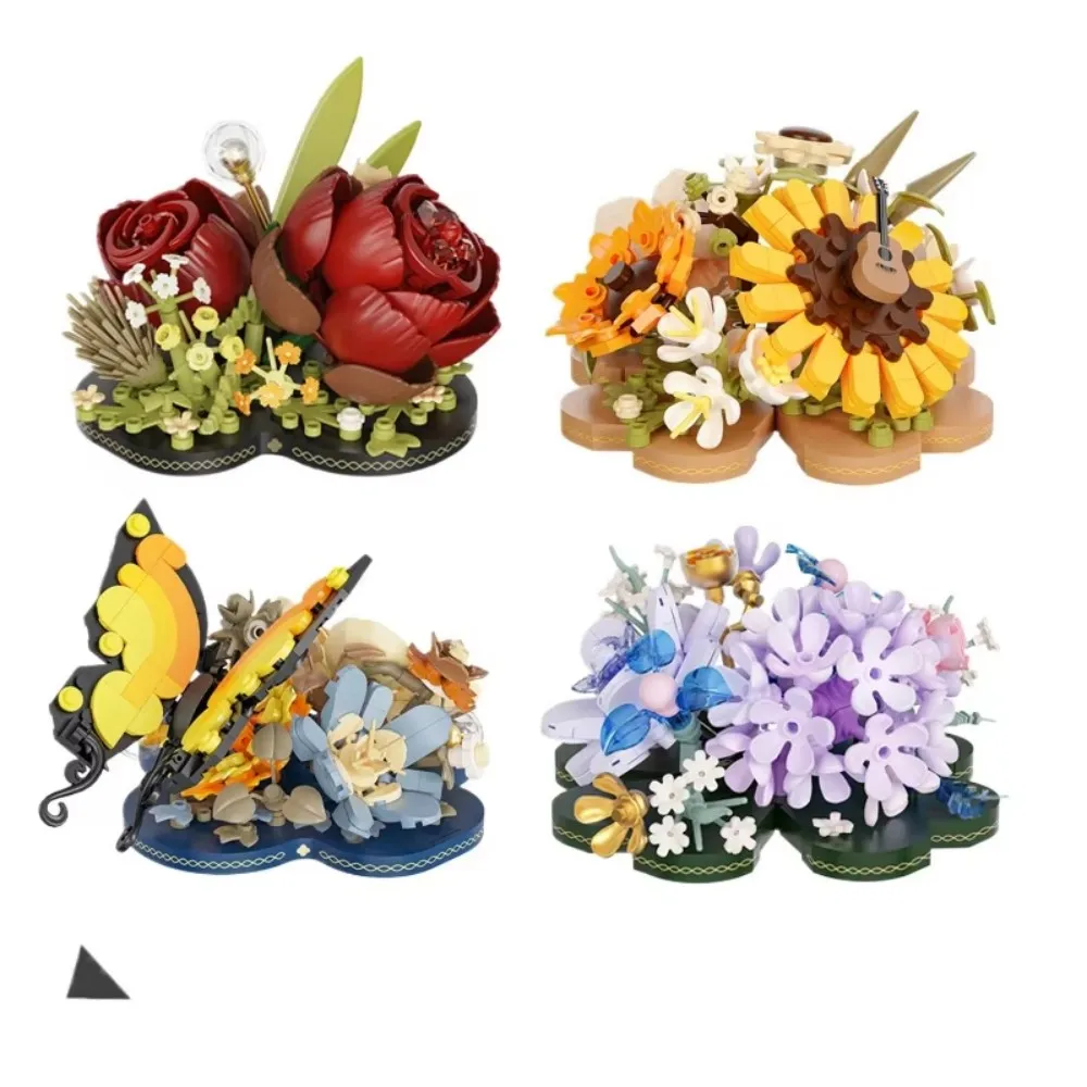 مجموعة مكعبات البناء الإبداعية نماذج نباتية بوعاء DIY مع فراشة عباد الشمس الوردية ألعاب تعليمية لهدايا الأطفال