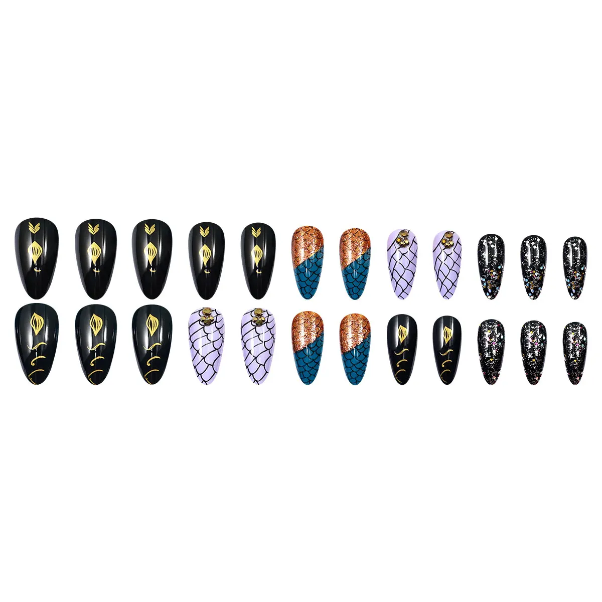 24 pezzi polvere glitterata a squame di pesce unghie finte a punta lunga stampa 3d sulle unghie design a squame di pesce mandorla unghie finte punte 3D con colla