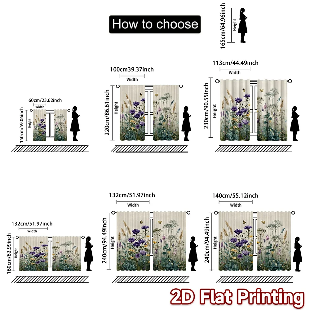 2D FLAT PRINTING 2pcs Curtains (Without Rod) Spring Butterfly Garden(1) Chic Curtain Cloth Polyester Easy Install Curtains