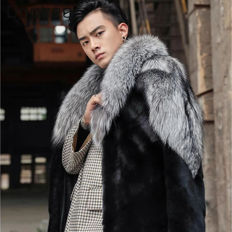 

High-Quality Mink Long Men's Fur Coat Thickened Warm Luxury Casual Silver Fox Fur Collar Overcoat Handsome Trendy Men Fur Jacket