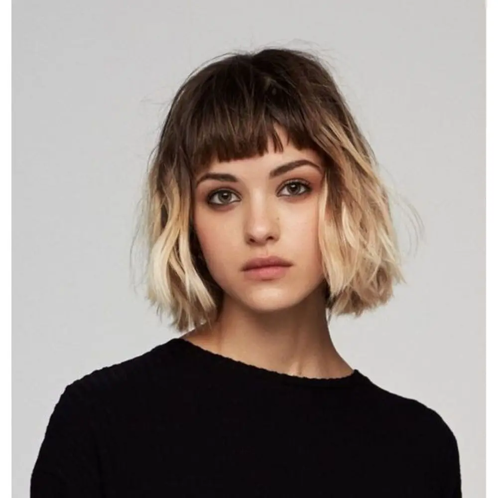 Ombre Blonde Bob Wig Short Wavy Bob Wigs with Bangs Synthetic Roots black Wigs for Black White Women