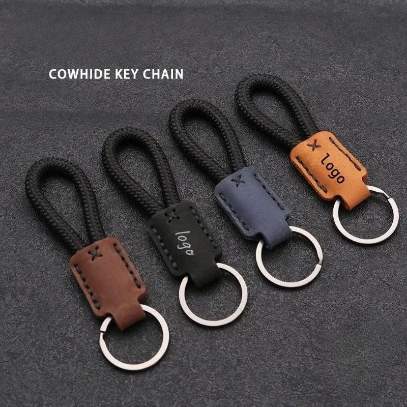 Vintage Personalize Genuine Cowhide Leather Rope Keychain Laser Engrave Car Lanyard Keyring Custom LOGO Braid Key Chain Ring