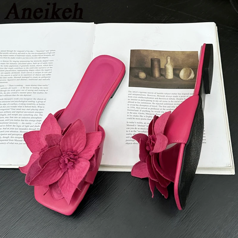 Aneikeh Summer Fashion Faux Suede Flower Square Headed Flat Heels for Women Slippers Flat Bottom Sandals Beach Slides Zapatos