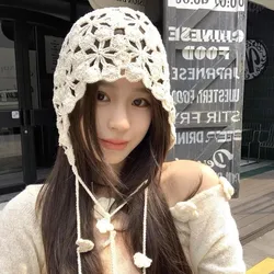 Fashion Handmade Crochet Hollow Knit Cap Women Girl Y2K Sweet Berets Retro Casual Turban Mesh Flower Pullover Hat Skullies Hat