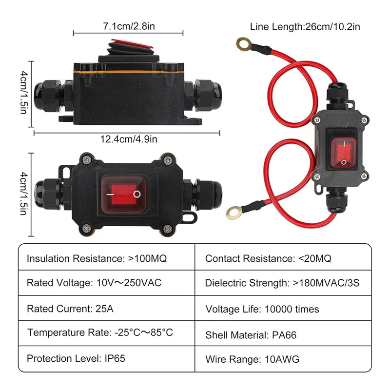 

HLZS-Встроенный выключатель питания DC12-24V DPST Тумблер включения и выключения для наружных электроприборов с красным светом и кабелем 10 AWG