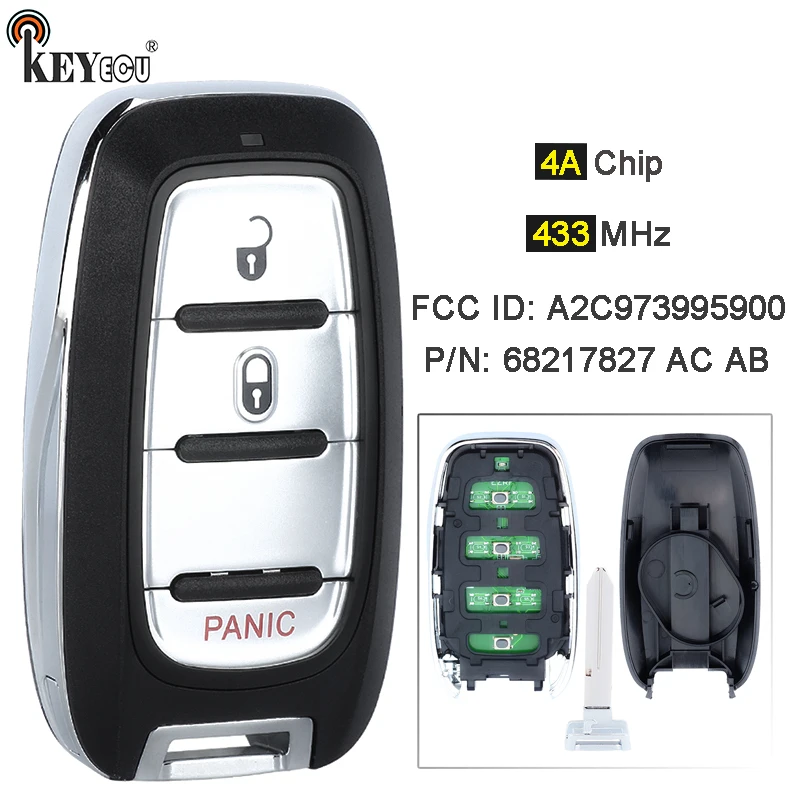 

KEYECU 433MHz 4A/ PCF7953M Chip M3N-97395900 68217827 AC AB Smart Remote Key Fob for Chyrsler Voyager Pacifica 2017-2022