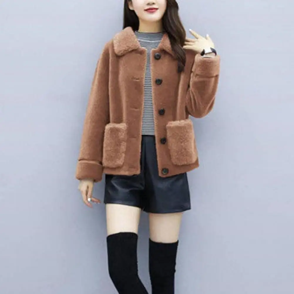 Feminine Women Jacket Plush Solid Color Women's Coat with Turn-down Collar Pockets Soft Cozy Single-breasted Cardigan for Fall