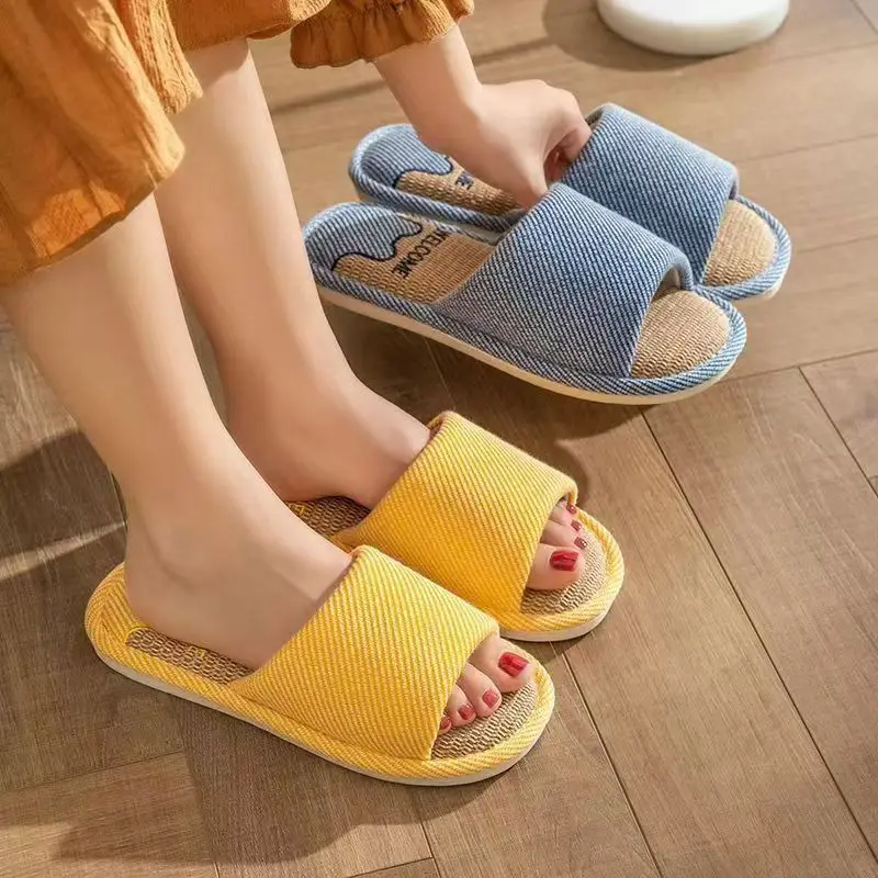 Women Linen Slippers Four Seasons Women Indoor Sandals Adults Cartoon Slides Couples Open toed Breathable Home Shoes image 4