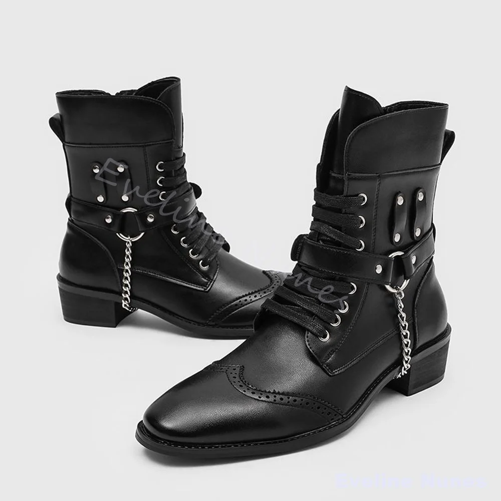Punk Metal Chain Rivet Combat Boots Men Pointed Brogue Block Heel Lace‑Up Gothic Biker Mid‑Calf Boots Leather Motorcycle Boots