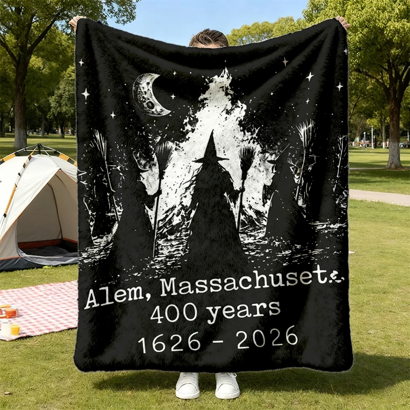 Salem Massachusetts 400 Years Flannel Blanket, Celebrating 400th Est 1626, Halloween Witch Flannel Throw, Salem Witch Tr