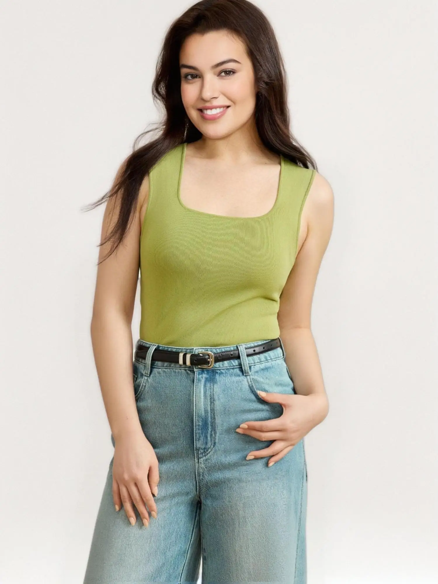 DUSHU Single Bundle Women\'s Clothing 2025 New Simple Knitted Camisole Vest Fashionable Big U-neck Versatile Top 25DS81209