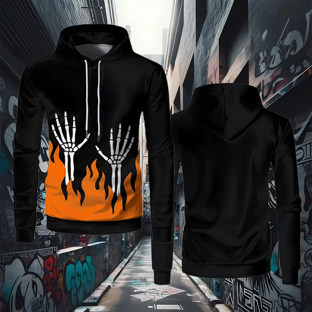 

Skeleton Hand Graphic Hoodie Street Personality Trend Gothic Style Long-sleeved Sweatshirts Fashion Flame Pattern Couple Tops