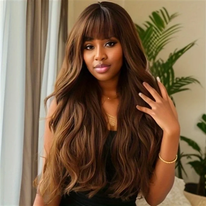 New European and American women Qi bangs big waves long curly hair synthetic matte high temperature silk wig