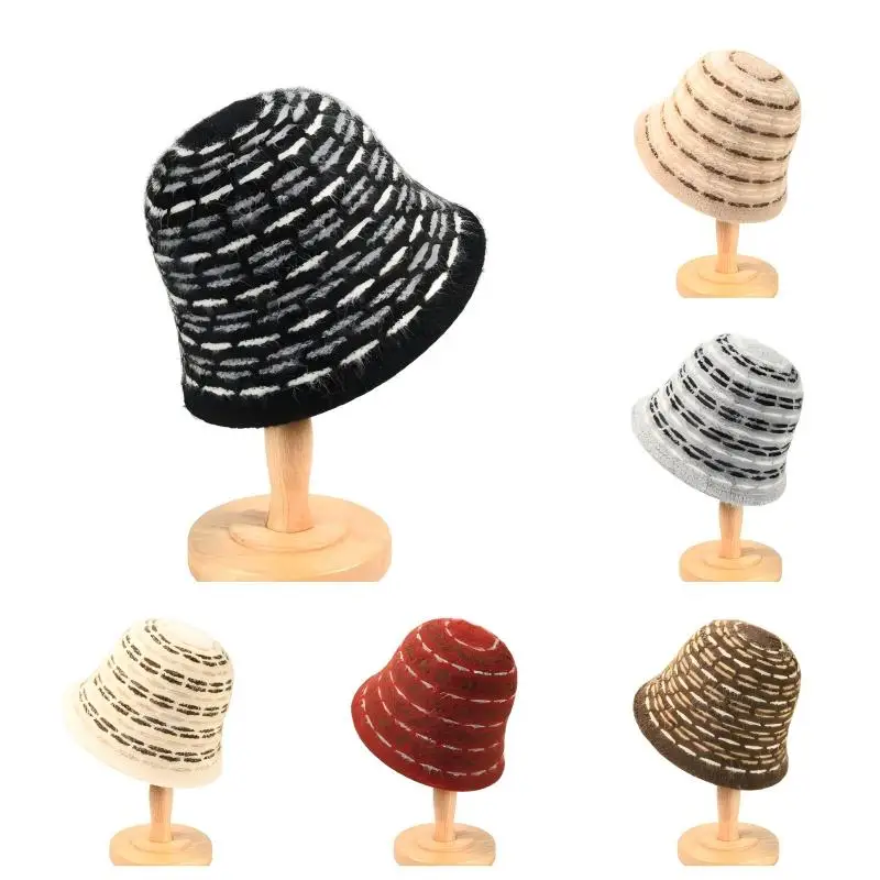 Gestreifter Fischerhut für Damen, Herbst und Winter, großer Kopfumfang, einfarbig, gestrickt, Plüsch-Eimerhut, Woll-Cloche-Hut