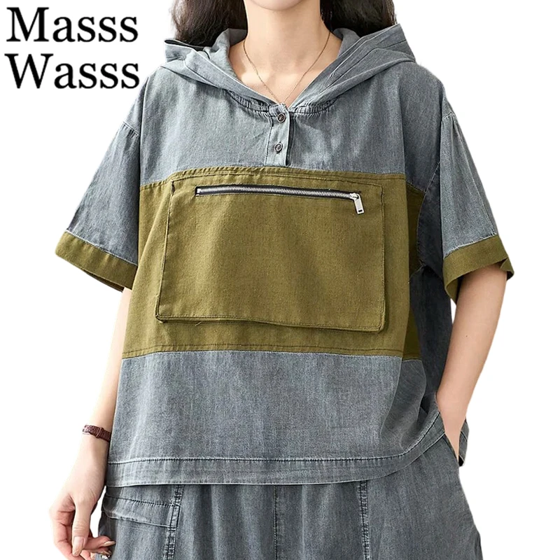 

Masss Wasss Japanese Design Loose Patchwork Tee Shirts Womens Summer Classic Hooded Tops Ladies Leisure Fashion Vintage Clothes