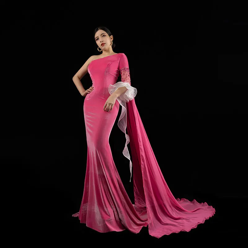 Baisha Fashion Evening Dress Oblique Shoulder Handmade Beading Prom Gown Velvet Ceremony Dresses H43 فساتين سهرات