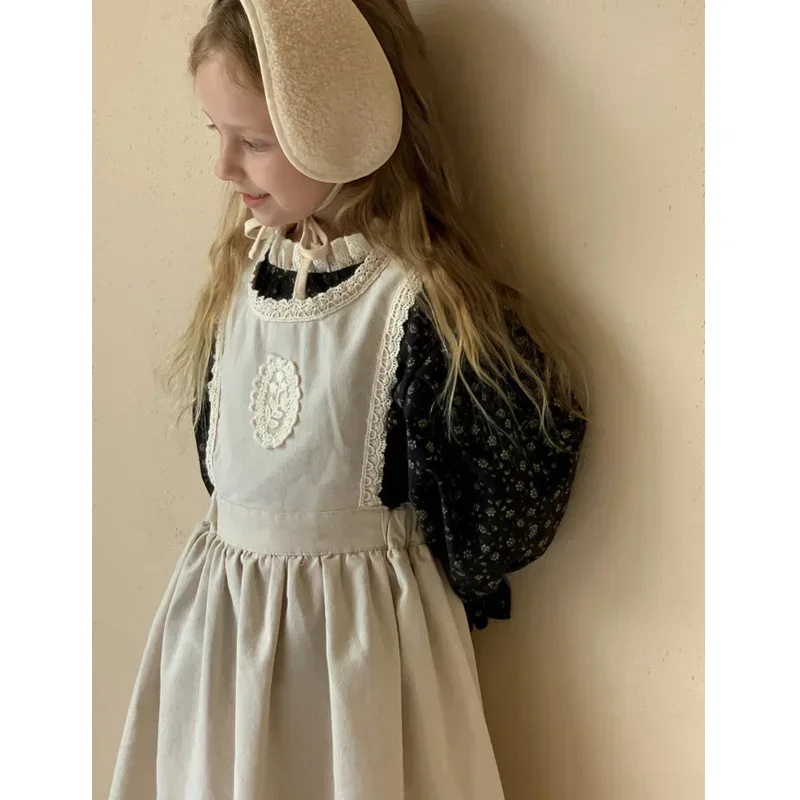 Kids Girls Vintage Matching Sets Autumn Baby Girls Cotton Linen Family Suspenders Dresses Blouse Two Piece Outfits Clothes