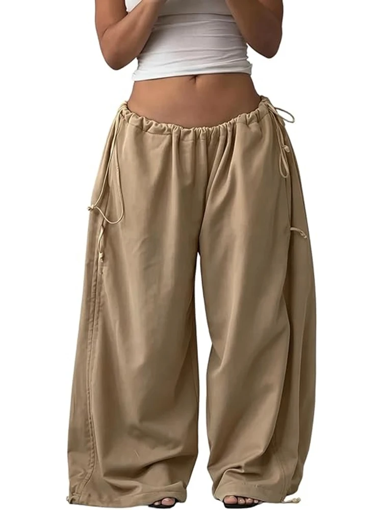 Damen Y2K Baggy Weite Hose mit Elastischem Bund und Verstellbarem Kordelzug, Lässige Lose Bodenlange Hose, Streetwear, Übergröße – Detail 17