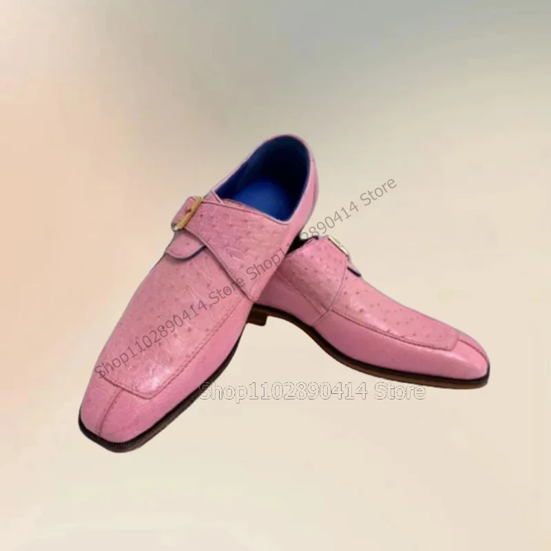 Pink Ostrich Print Buckle Decor Sewing Design Men Shoes Fashion Slip On Male Shoes Luxury Handmade Party Feast Men Casual Shoes