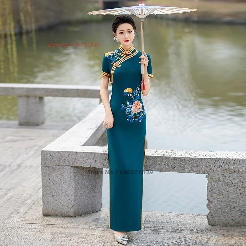 

2025 oriental improved qipao traditional national flower embroidery formal dress cheongsam oriental banquet evening dress qipao
