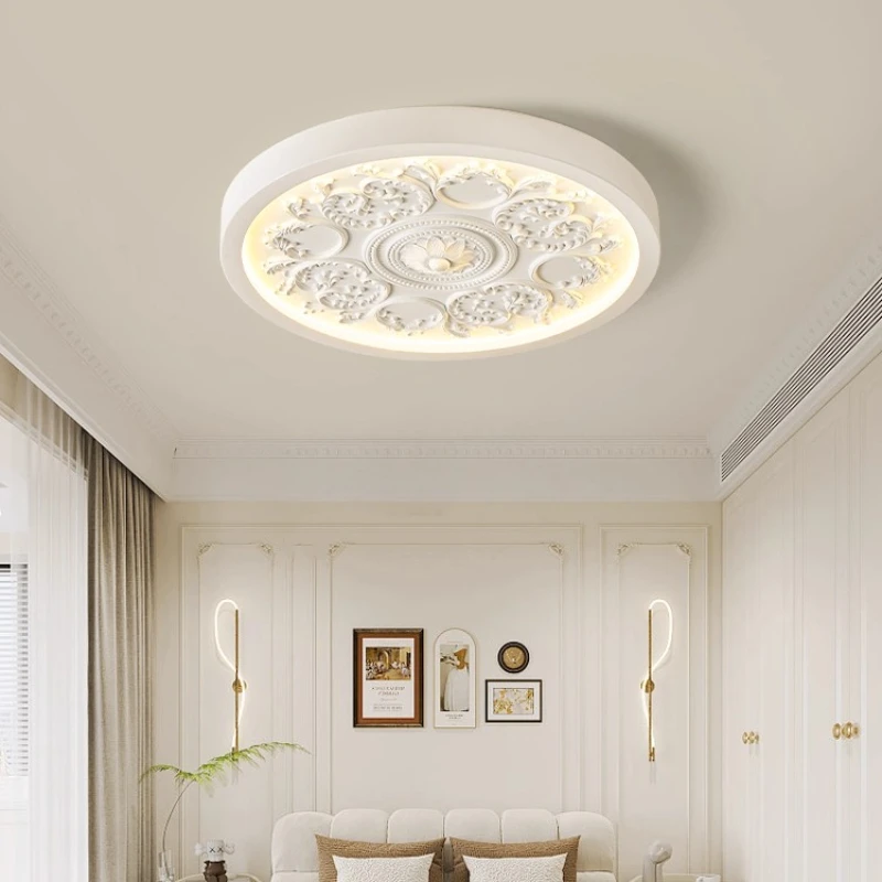 French Cream Style Art Carving Flower Ceiling Lights Simple Circular Imitation Wood Color LED Ceiling Lamps Kitchen Dining Hall