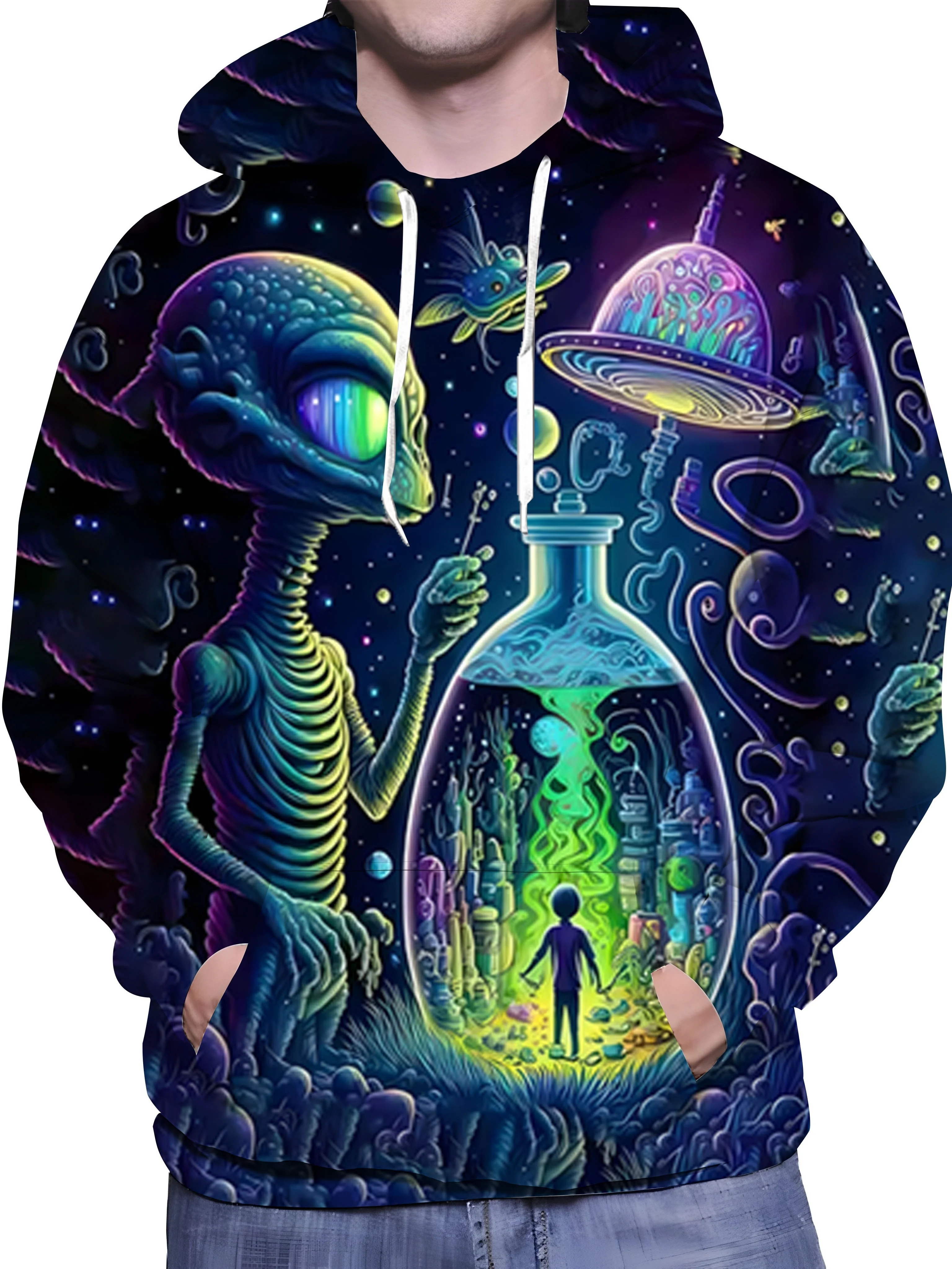 Men's Hoodie thin Autumn Winter Cosmic Psychedelic Alien Art Pattern Hooded Pullover Loose Fit Casual Fashion Tops Clothes