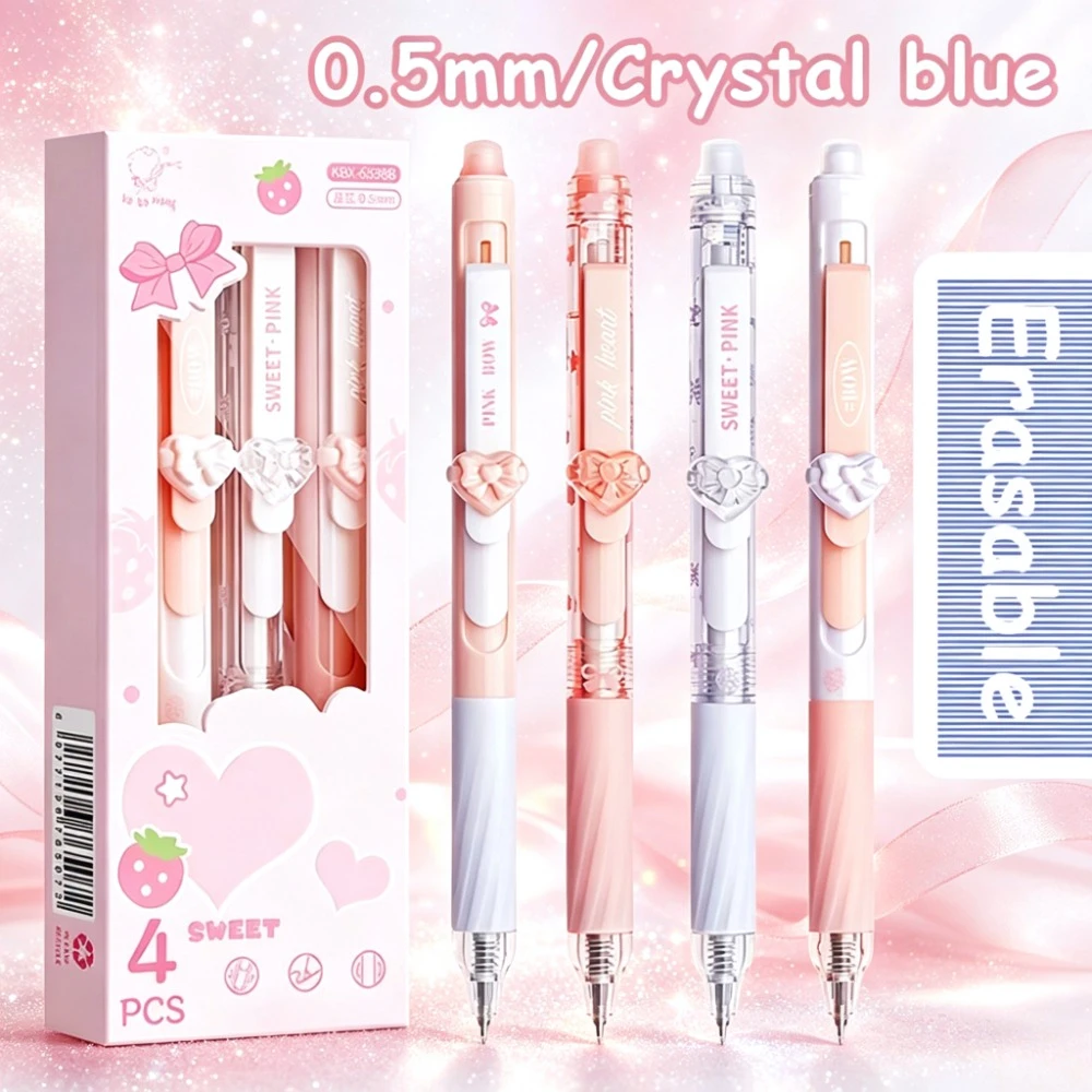 4-Piece Long Clip Pull-Down Erasable Pen, 0.5mm Built-In Erasable Tip, Push-To-Extract Refill for Easier Lead Extension