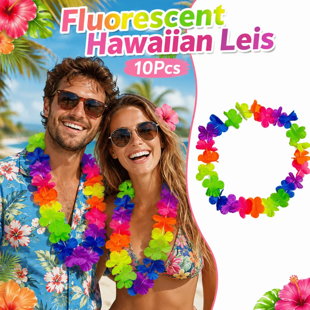 10Pcs Colorful Fluorescent Hawaiian Leis Vibrant Reusable Artificial Flower Wreath Durable Creative Tropical Theme Leis