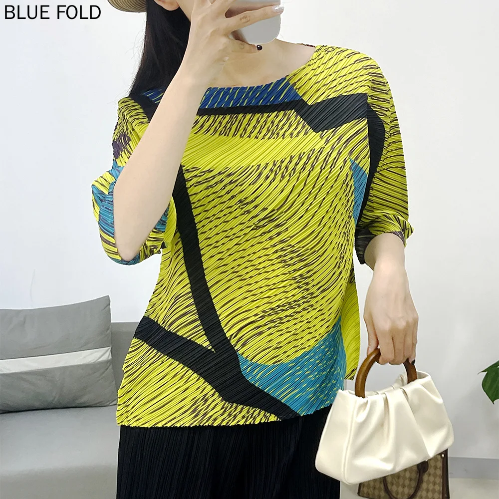 

Pleated New Miyake Casual Printed Short-Sleeved T-shirt Women's Elastic Slim Fit Versatile Pleated Clothes Women's Trendy Clothe