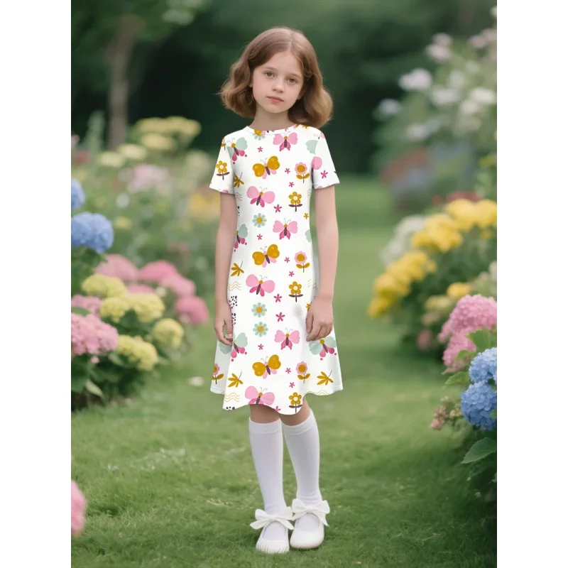 

2025 Hot Sale Girls Butterfly Flower Print Short Sleeve Dress - Cute Casual Knee-Length Dress for Kids Summer Outfits