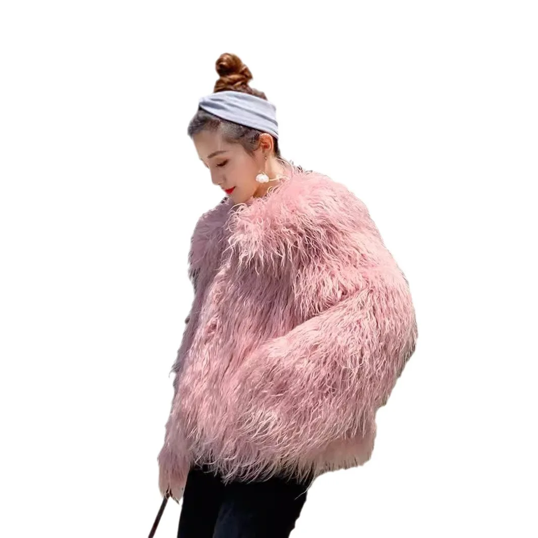 KIDCRKJ سترة نسائية شتوية فضفاضة من الفرو صديقة للبيئة طويلة ذات طية صدر السترة وياقة نسائية من الفرو الاصطناعي ملابس خارجية منفوشة متعددة الاستخدامات معطف فرو للسيدات