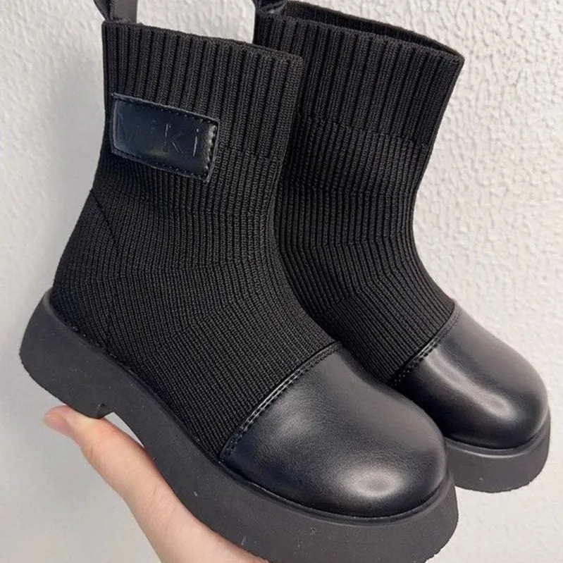 Winter Shoe Platform Boot Ankle Boots Children Boot Black High Boots Socks Shoe Princess Boots Kids Shoe for Girl