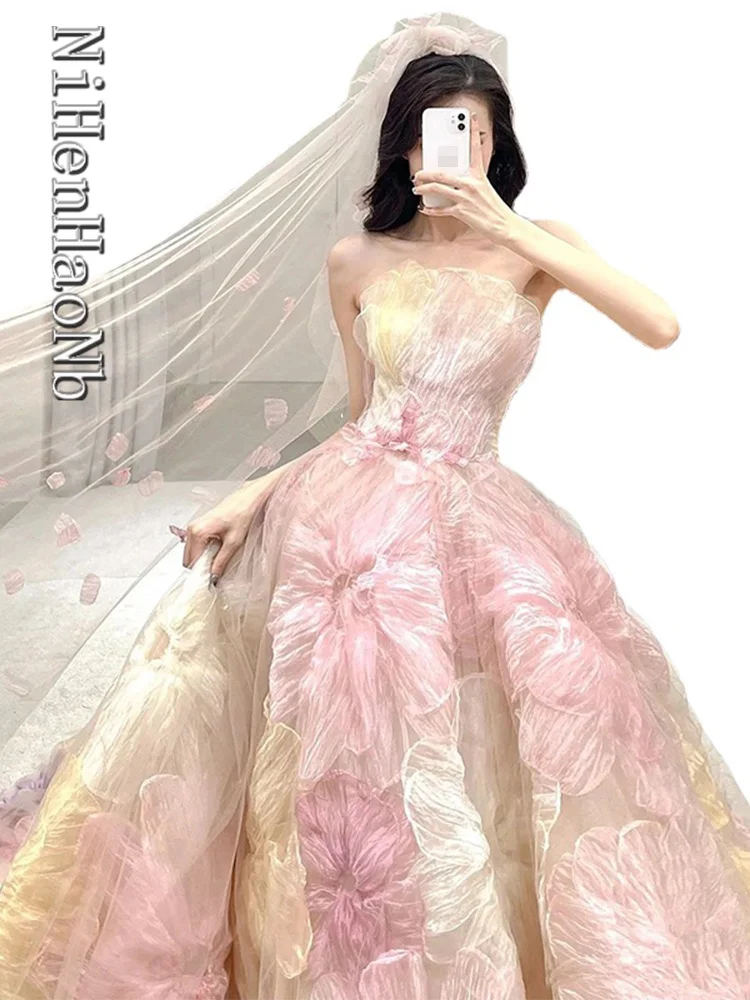 Gaun Quinceanera Gaun Pesta Malam Tanpa Tali Pink Gaun Bunga Vestidos De 15 Años