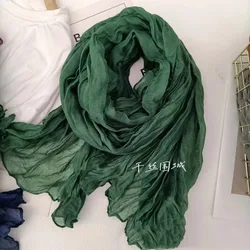 VREOVOR Solid Color Hand Feel Scarf Retro Autumn Winter New Pleated Green Thin Strip Shawl Men's Women's Thermal Silk