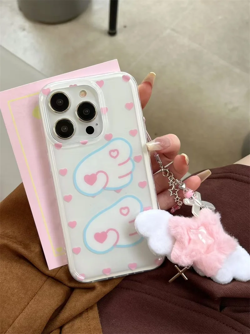 لطيف التدرج قوس قزح الكرتون ستار أجنحة الملاك بريق جراب هاتف آيفون 13 14 15 16 برو ماكس شعر رقيق ستاردست الكروب